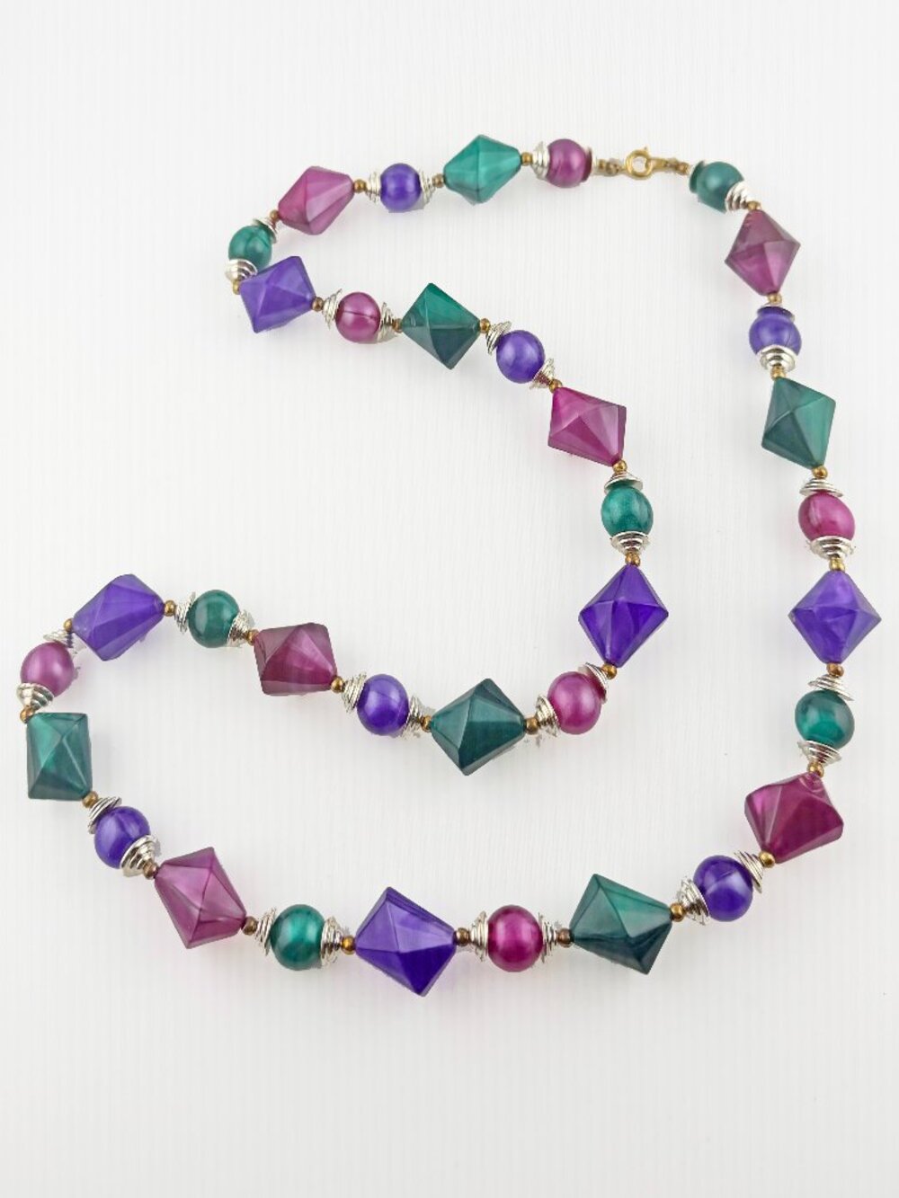 '80s Chunky Geometric Opera Necklace - 30" Jewel Tones Vintage